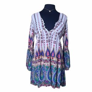 Umgee White Blue Pink Multicolor Aztec Tribal Paisley Tunic Dress